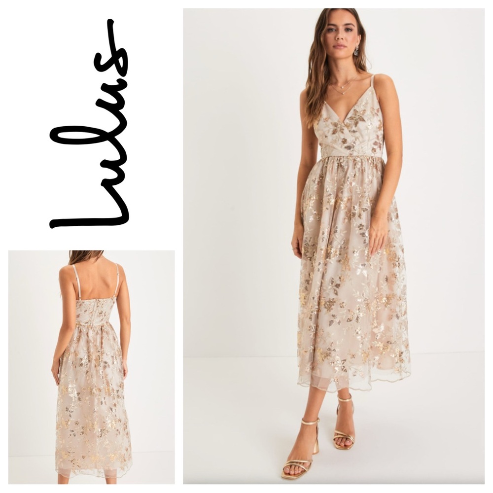 NWT Lulu’s Glittery Glamour Gold Floral Embroidered Sequin Midi Dress Sz: XXL